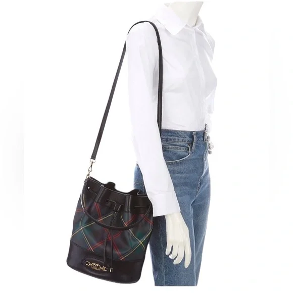 Ralph Lauren Andie Bucket Drawstring Plaid Leather Crossbody Bag